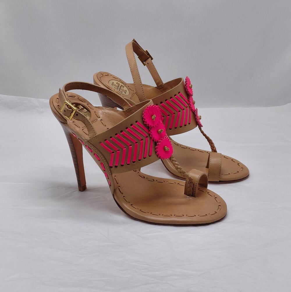 Tory Burch Womens High Heel Sandals Size 7.5 Tan Pink Leather Party Night Out